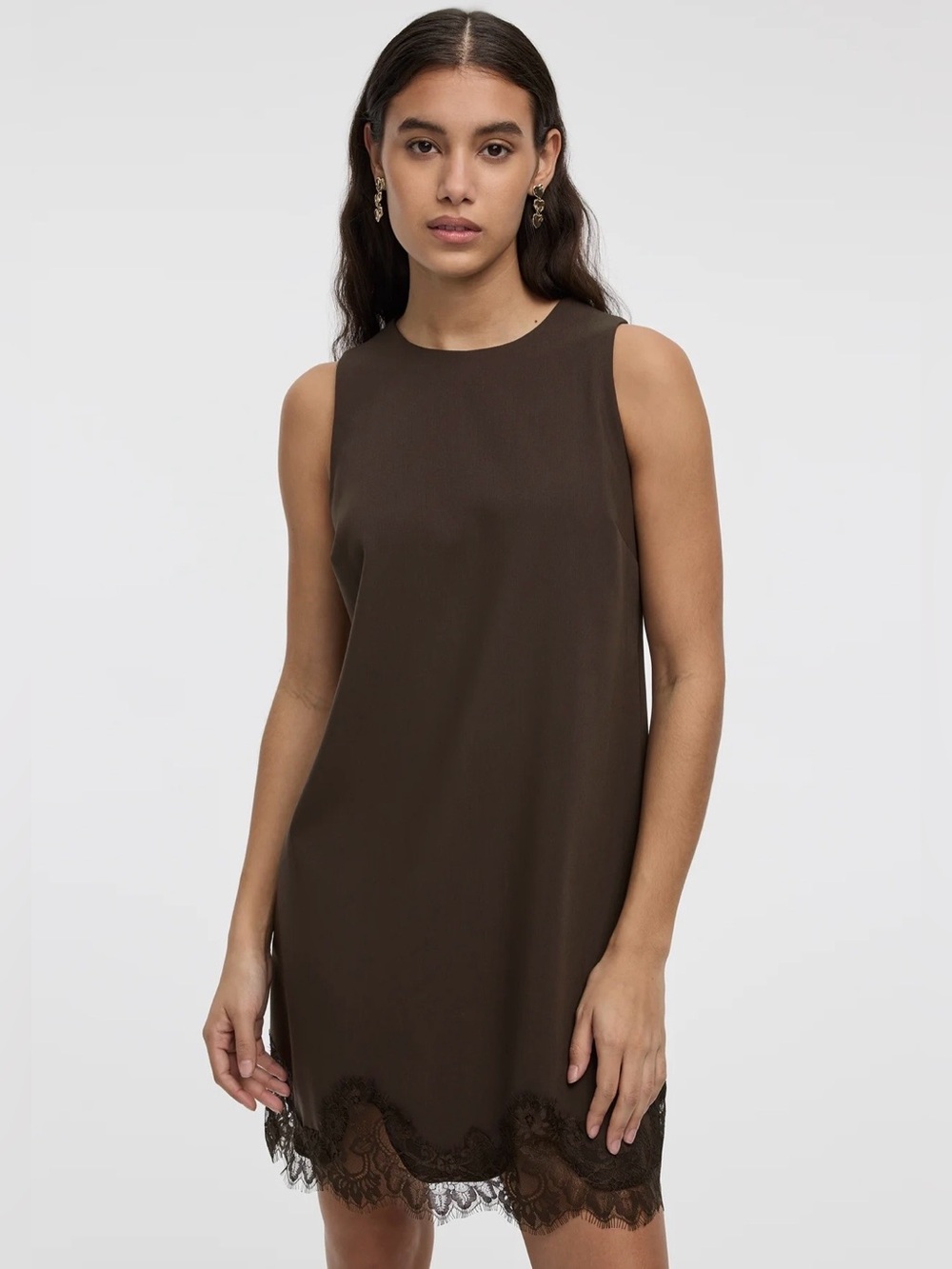 Reitmans Dark Brown Sleeveless Shift Dress with Lace Hem